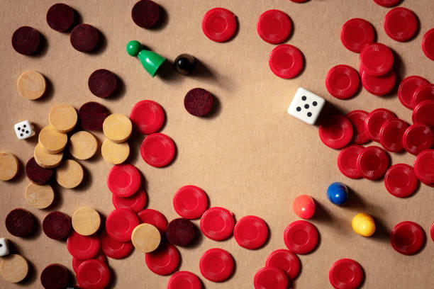 istock Board games design template with copy space. Various pieces and dice, an overhead flat lay shot 1280102901