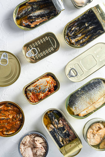 Conserves of canned fish with different types of fish and seafood, opened and closed cans with Saury, mackerel, sprats, sardines, pilchard, squid, tuna,  over white stone surface top view