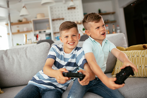 Happy brothers playing video games. Young brothers having fun while playing video games in living room