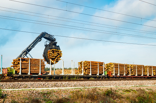 Kouvola, Finland - 24 September 2020: Unloading of timber from railway carriages at paper mill Stora Enso