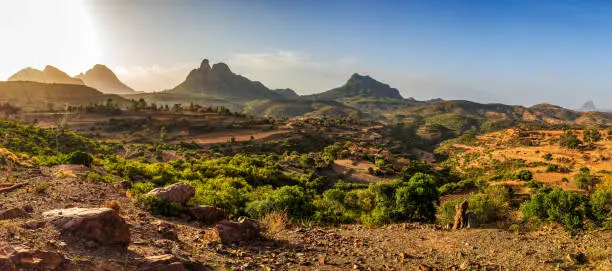 Beautiful sunrise highland landscape in Tigray region on the road to near city Mekelle. Ethiopia, Africa wilderness