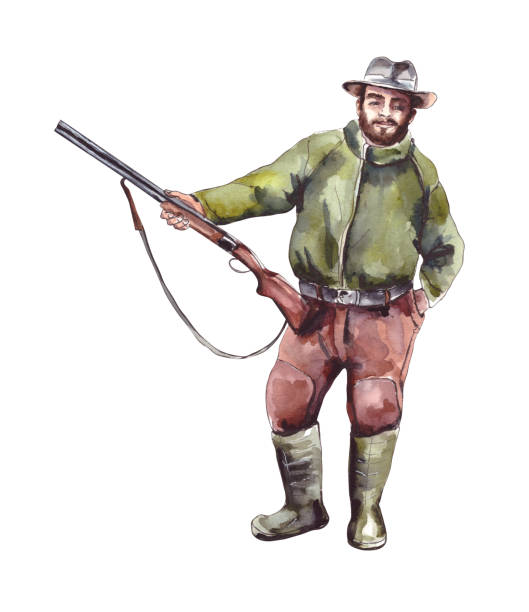 ilustrações de stock, clip art, desenhos animados e ícones de watercolor illustration.the character is a hunter with a gun. men's hobbies and hobbies, outdoor activities.figure of a man in a hat.isolated on white - rifle hunting shotgun gun