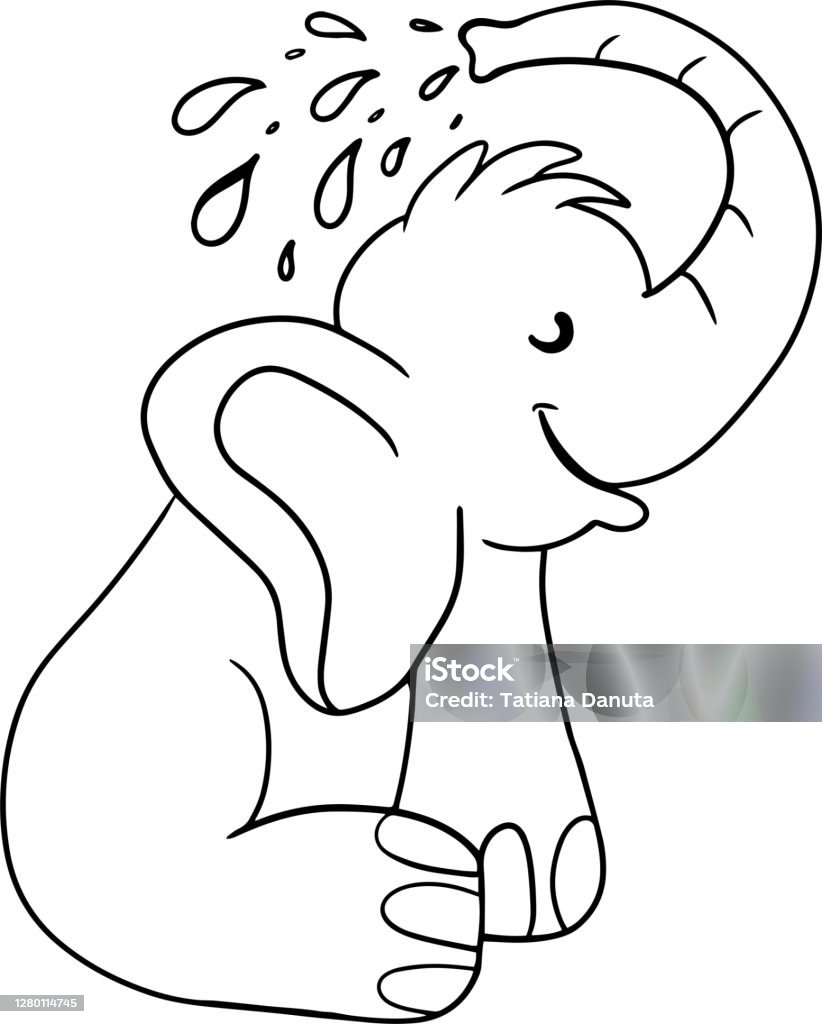 Funny Cartoon Baby Elephant Which Pours Himself With Water Black And White  Vector Illustration For Coloring Book African Savannah Animalcan Be Used  For Tshirt Print Kids Nursery Stock Illustration - Download Image