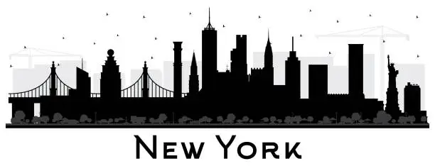 Vector illustration of New York USA City Skyline Silhouette with Black Buildings Isolated on White.