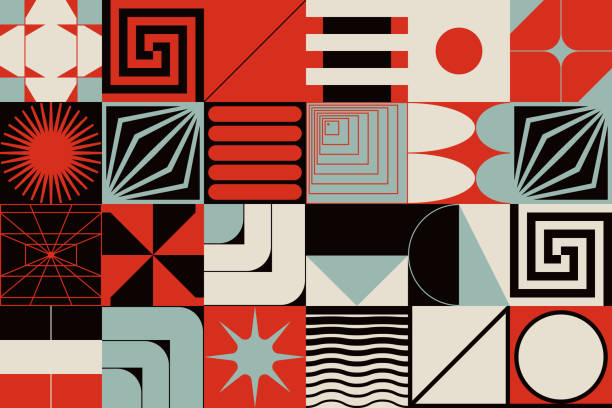 추상적인 모더니즘 모양과 기하학적 패턴 그래픽을 갖춘 현대적인 스위스 디자인 미학 작품 - brutalism stock illustrations