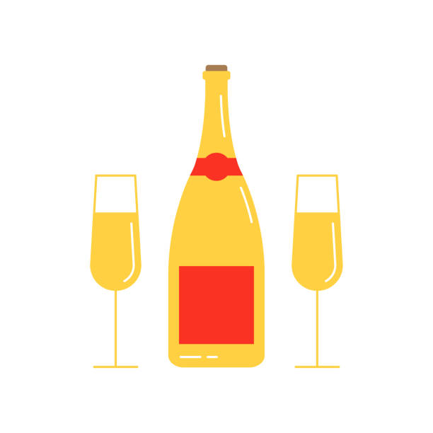 ilustrações, clipart, desenhos animados e ícones de ícone da garrafa de champanhe com duas taças. silhueta de linha. ano novo, símbolo de celebração de casamento. ilustração vetorial. - toast champagne jubilee wedding