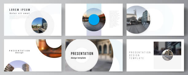 Vector layout of the presentation slides design business templates, multipurpose template for presentation brochure, cover. Background template with rounds, circles for IT, technology. Minimal style. Vector layout of the presentation slides design business templates, multipurpose template for presentation brochure, cover. Background template with rounds, circles for IT, technology. Minimal style powerpoint template stock illustrations