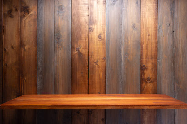 istock wooden shelf and plank wall board as background 1280119813
