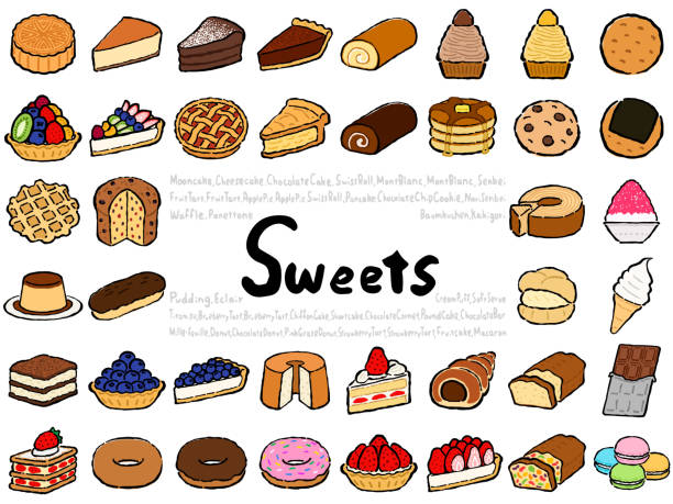 Sweet Set:Hand drawn vector illustration like woodblock print Sweet Set:Hand drawn vector illustration like woodblock print cream cake stock illustrations