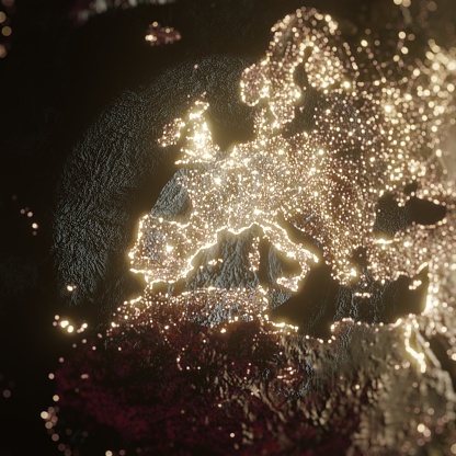 Earth night space with some clouds City Lights Bokeh, europe\n3D illustration (Blender software) Elements of this image furnished by NASA (https://eoimages.gsfc.nasa.gov/images/imagerecords/73000/73776/world.topo.bathy.200408.3x5400x2700.jpg)
