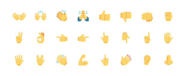 Hand gestures vector icons set. All type of hand emojis, emoticons, thumbs up, down, arm, elbow, gym, muscle, nail illustrations set, collection Hand gestures vector icons set. All type of hand emojis, emoticons, thumbs up, down, arm, elbow, gym, muscle, nail illustrations set, collection talk to the hand emoticon stock illustrations
