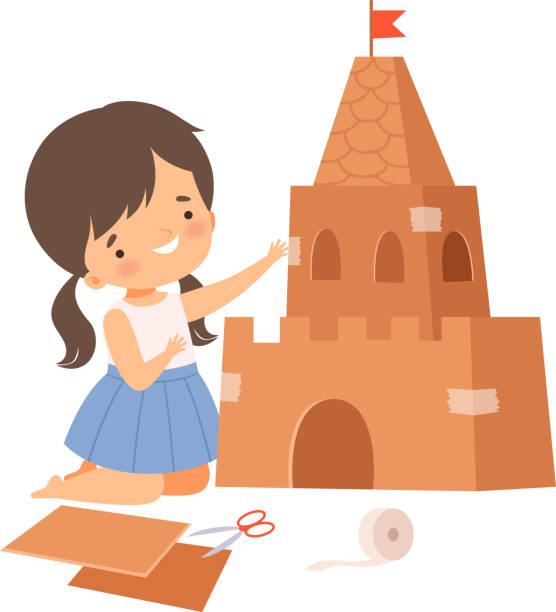 istock Little Girl Showing Handcrafted Cardboard Castle Vector Illustration 1280123233