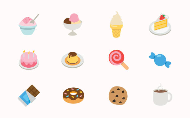 сладкий десерт иконки набор. торт, мороженое, печенье, конфеты, шоколадный батончик, леденец, клубничный торт плоские иллюстрации коллекции - candy stock illustrations