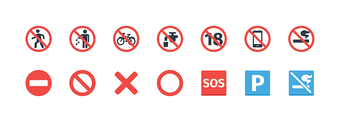 Forbidden Signs vector icons set. Not allowed, No Smoking, Don’t Litter, Don’t Walking, SOS, Not Potable Water, No Entry, Not Mobile Phone, Not Under Eighteen Signs