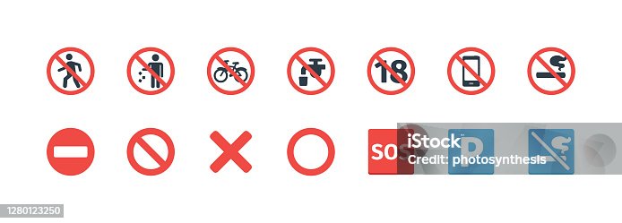 istock Forbidden Signs vector icons set. Not allowed, No Smoking, Don’t Litter, Don’t Walking, SOS, Not Potable Water, No Entry, Not Mobile Phone, Not Under Eighteen Signs 1280123250
