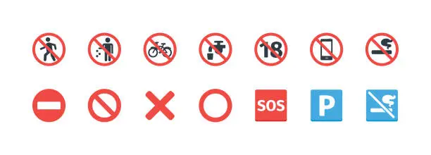 Vector illustration of Forbidden Signs vector icons set. Not allowed, No Smoking, Don’t Litter, Don’t Walking, SOS, Not Potable Water, No Entry, Not Mobile Phone, Not Under Eighteen Signs