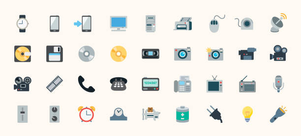 zestaw wszystkich płaskich ikon wektorowych. urządzenia mobilne, technologia, aplikacja emoji symbole ilustracja - wektor - power supply audio stock illustrations