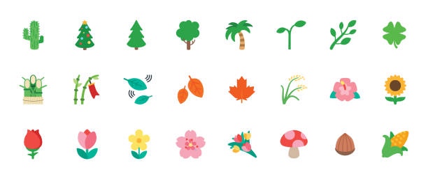 natur, floral icons vektor-set. bäume, blumen, blätter illustration flachen stil cartoon symbole, emojis, emoticons sammlung - maple leaf maple leaf green stock-grafiken, -clipart, -cartoons und -symbole