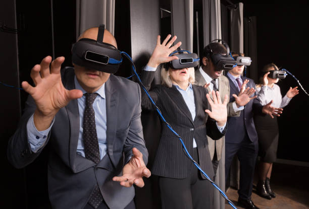 istock Happy man wearing VR glasses 1280124011