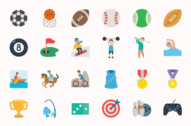 illustrations, cliparts, dessins animés et icônes de tout type de sports, loisirs, emojis de fitness, émoticônes, autocollants. jeux, équitation, cavalier, football, ballons de football, symboles de vtt, icônes d’illustration vectorielle, concept, ensemble, collection - golf course illustrations