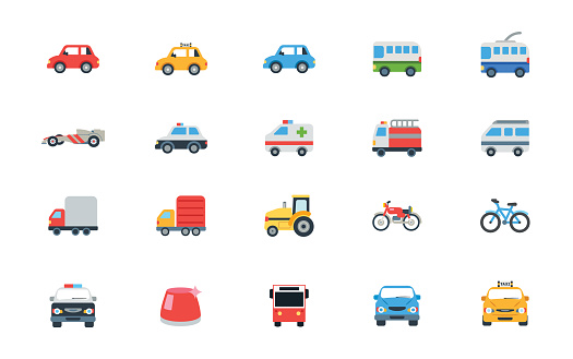 Car vector icons set. Land Vehicles Pack. Automobile, Freight Transportation, Taxi, Police Car, Ambulance, Truck, Van, Bicycle, Motor Bike, Bus Illustrations Collection