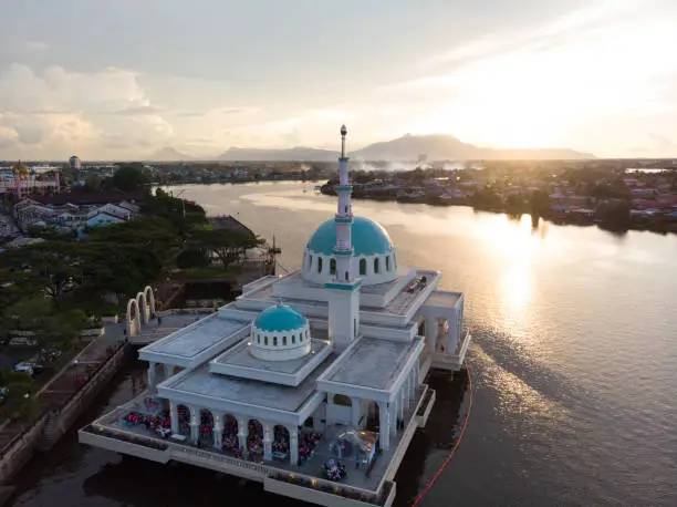 Aerial view of the beautiful floating mosque of Kuching or also known as masjid india during sunset