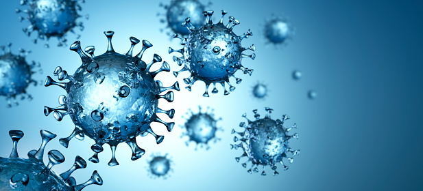 Group of floating coronaviruses with blue background - 3D illustration