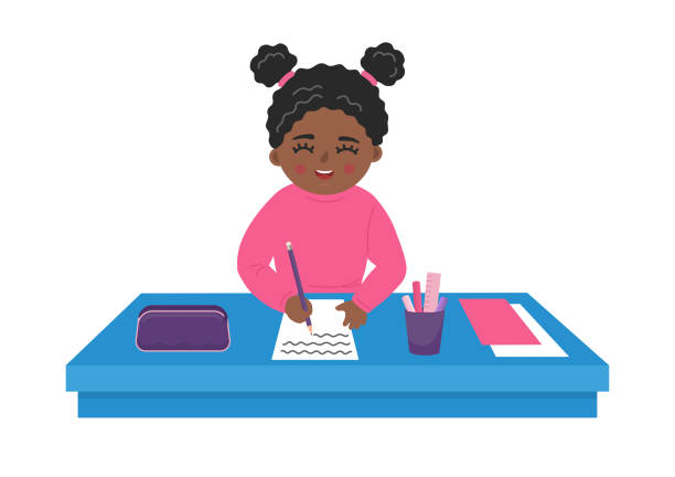 Cute african girl writes on the paper at the desk Cute african girl writes on the paper at the desk. School child at the table. desk clipart stock illustrations