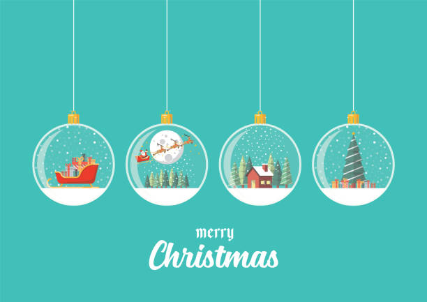 ilustrações de stock, clip art, desenhos animados e ícones de set of merry christmas glass balls hanging on blue background - christmas house