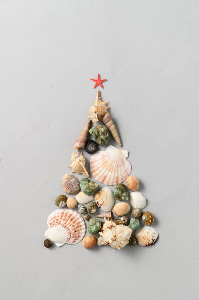 istock Alternative Christmas tree made from seashells and with a red starfish on a light gray background. 1280130551