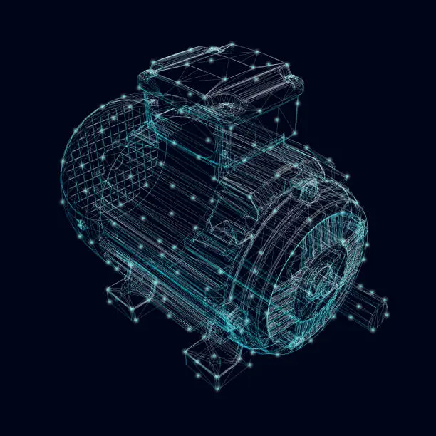 Vector illustration of Electric motor frame made of blue lines with glowing lights on a dark background. Isometric view. 3D. Vector illustration