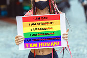Young lesbian woman activist with face mask protesting against LGBT community discrimination