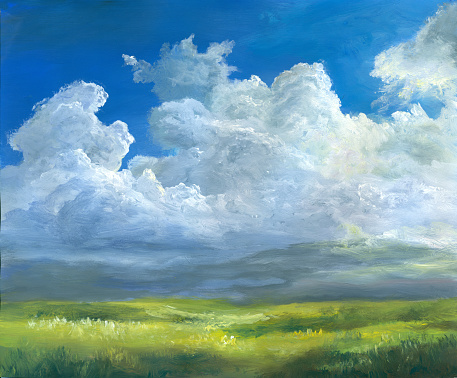oil painting summer landscape with focus on cumulus clouds