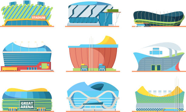 Stadium exterior. Sport building arena entrance for soccer vector flat pictures of public stadium Stadium exterior. Sport building arena entrance for soccer vector flat pictures of public stadium. Illustration of collection stadium arena building for sport events scotland football team stock illustrations