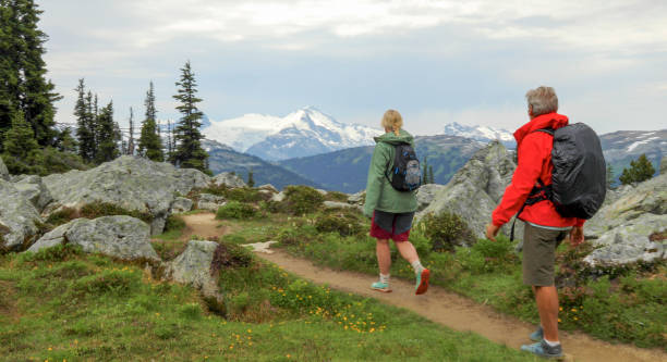 istock Couple hike through alpine meadow in the mountains 1280133146