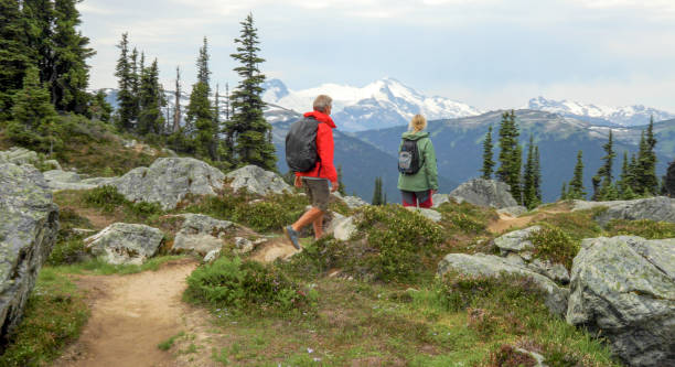 istock Couple hike through alpine meadow in the mountains 1280133180
