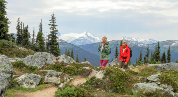 istock Couple hike through alpine meadow in the mountains 1280133208