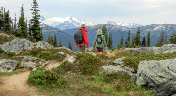 istock Couple hike through alpine meadow in the mountains 1280133403