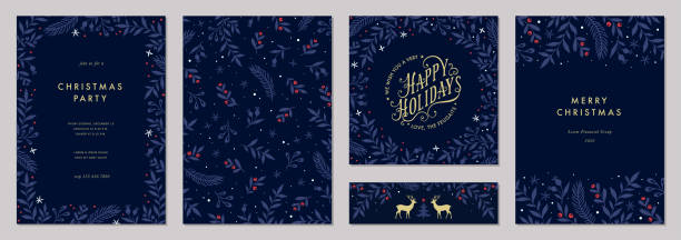 Universal Christmas Templates_01 Modern universal artistic templates. Merry Christmas Corporate Holiday cards and invitations. Floral frames and backgrounds design. holly stock illustrations