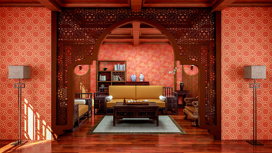 Interior of traditional Chinese style living room with furniture and wooden floor, 3d rendering