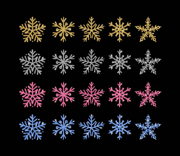 Gold glitter texture snowflake hand drawn icons set on black background. Vector Shiny Christmas, New year and winter sparkling golden, silver, pink and blue symbols for decoration, greeting card Gold glitter texture snowflake hand drawn icons set on black background. Vector Shiny Christmas, New year and winter sparkling golden, silver, pink and blue symbols for decoration, greeting card. symbol snowflake icon set shiny stock illustrations