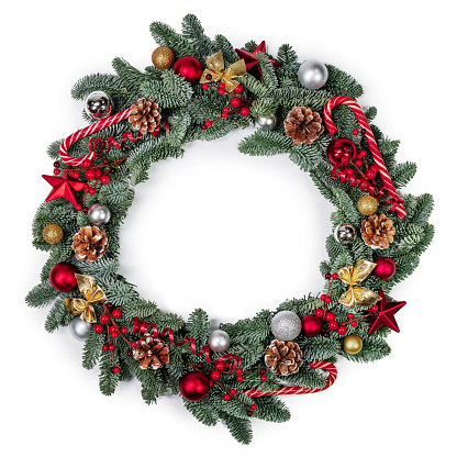 Christmas green fir tree wreath and decoration isolated on white background