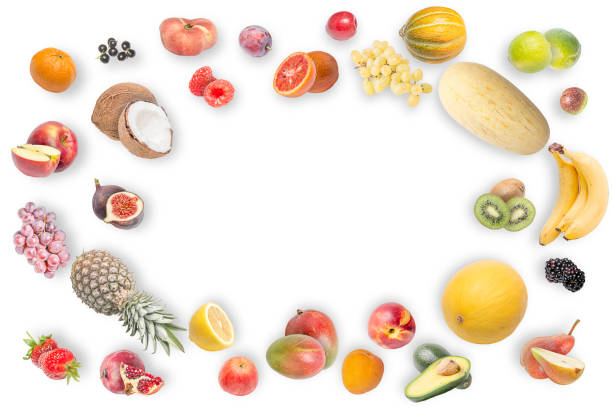 istock Various fruits and berries isolated on white background, top view, creative flat layout, round frame of fruits with empty space for text 1280137431