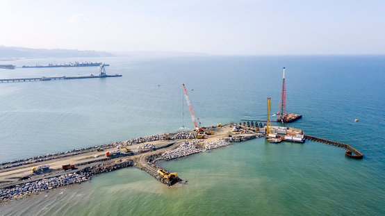 Drone view of the under construction new pier and harbor.