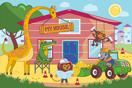 Image For Kids With Construction Site With Animals Stock Illustration -  Download Image Now - Animal, Cartoon, Construction Industry - iStock