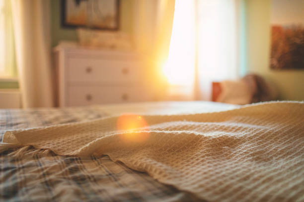 View into the sunny bedroom in the back light
