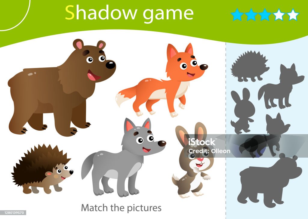 Shadow Game For Kids Match The Right Shadow Color Images Of Wild Animals  Bear Wolf Hedgehog Hare Fox Worksheet Vector Design For Children And For  Preschoolers Stock Illustration - Download Image Now -