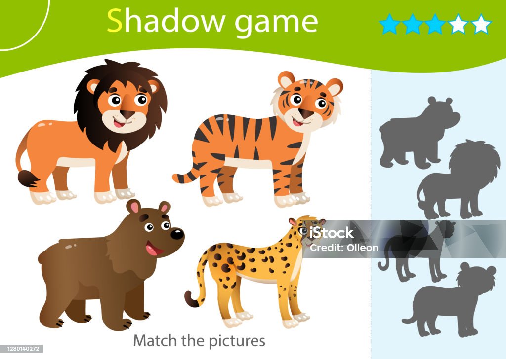 Shadow Game For Kids Match The Right Shadow Color Images Of Wild Animals  Bear Lion Tiger Cheetah Worksheet Vector Design For Children And For  Preschoolers Stock Illustration - Download Image Now - iStock