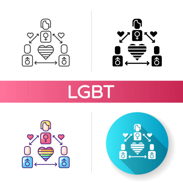 Bisexual life icon Bisexual life icon. Loving social rights. Pride parade. Gay relationships. Polyamorous lifestyle. Love triangle. Rainbow symbol. Linear black and RGB color styles. Isolated vector illustrations lesbian affair stock illustrations