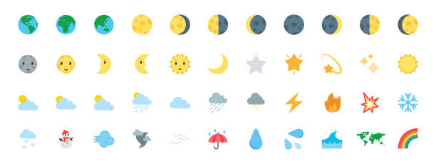 illustrazioni stock, clip art, cartoni animati e icone di tendenza di terra, planet icons vector set. tutti i tipi di facce lunari. collezione icone meteo. temperatura, nuvola, simboli cielo, set emoji - vettore - lightning storm thunderstorm weather